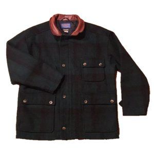 VTG Pendleton Wool Coat - Leather Collar - Large